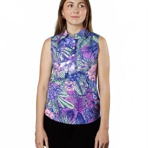 Sunday Swagger Sleeveless Golf Polo Shirt Ibiza Floral Purple Women's Size Small